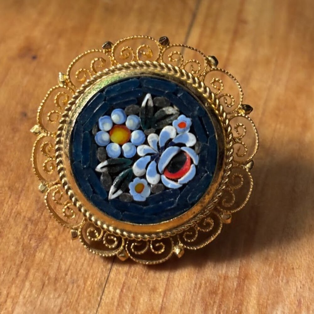 Vintage Micromosaic floral brooch from Italy,  Gold filigree
